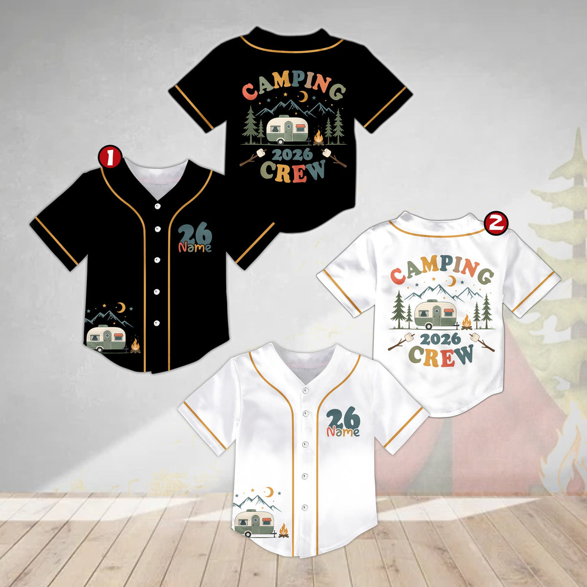 Front view of the black personalized camping baseball jersey