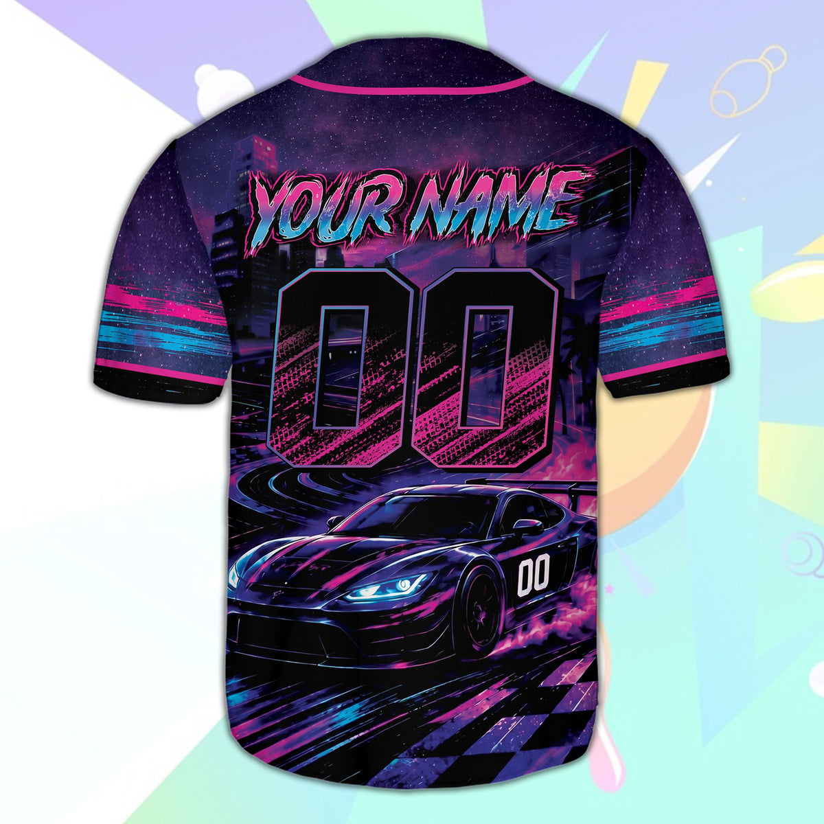 Back view of the personalized purple car baseball jersey displaying custom name and number