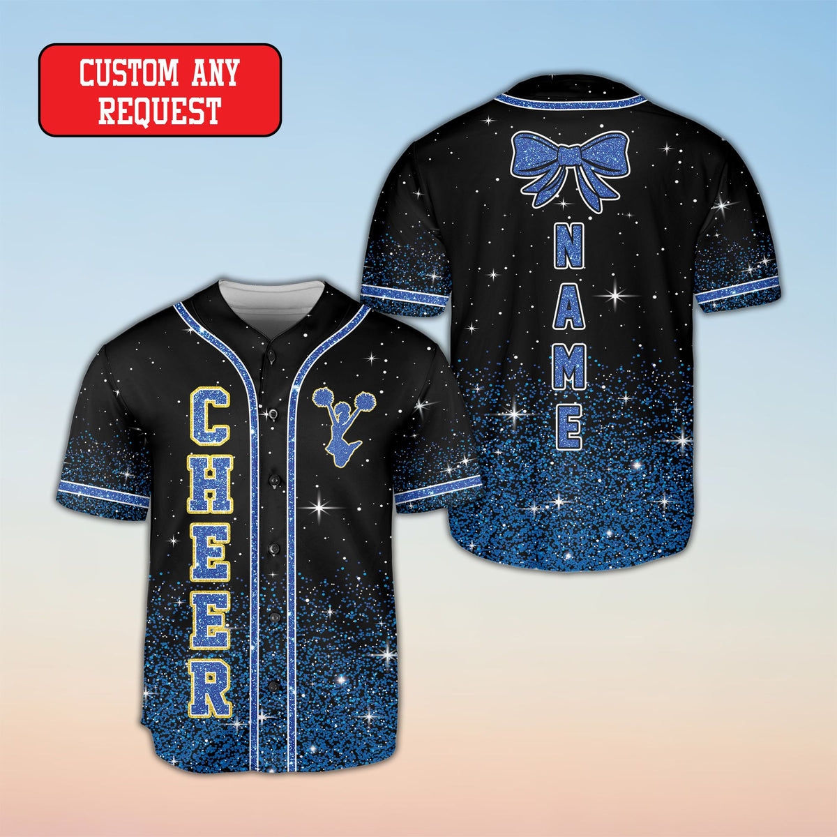 Faux glitter gradient detail on personalized cheer baseball jersey