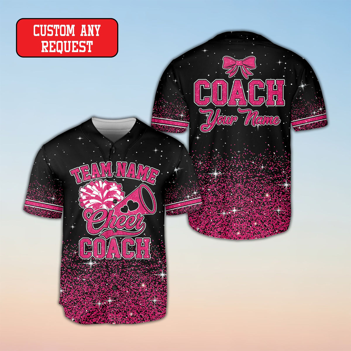 Back view of the personalized baseball jersey showing custom name and bow graphic