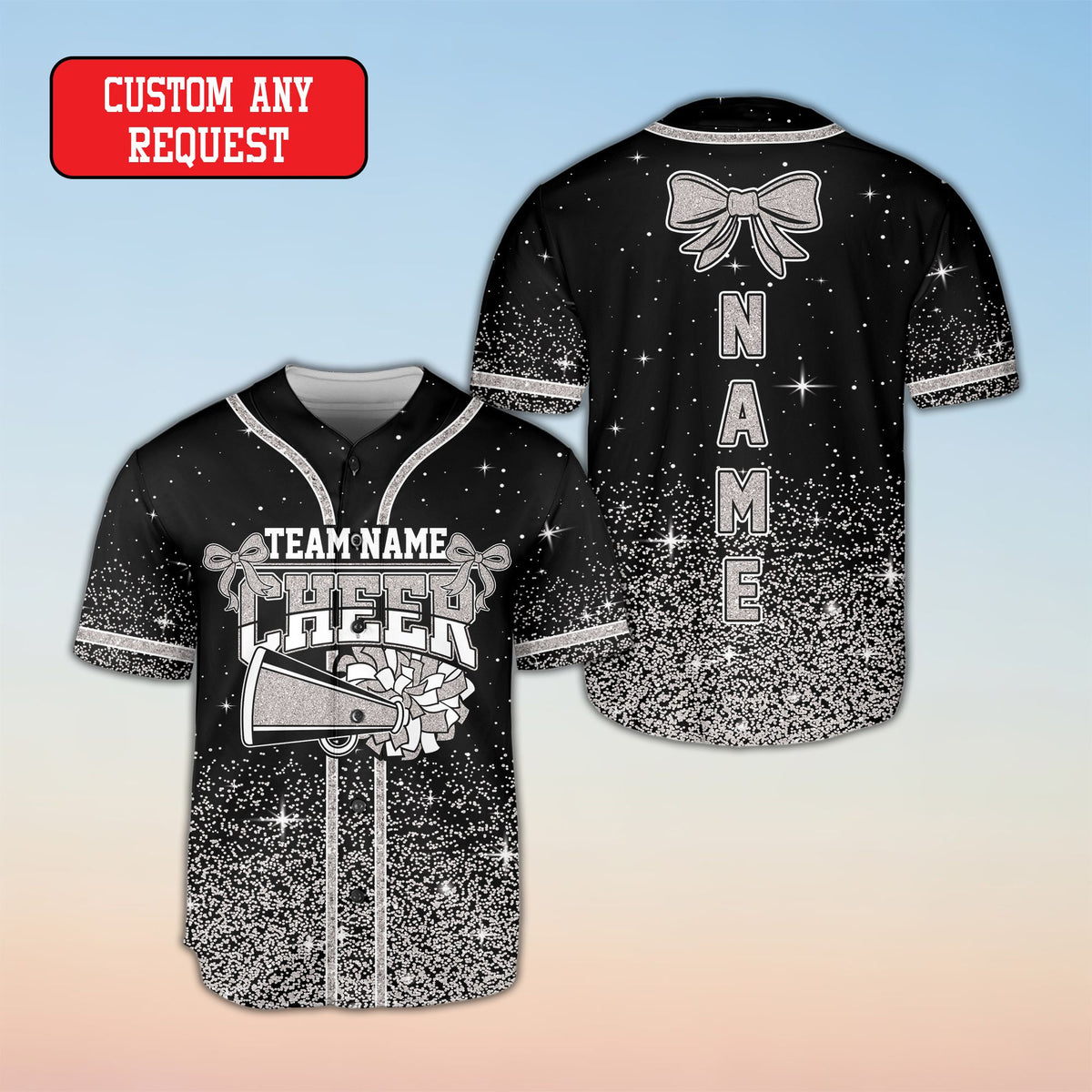 Front view of black cheerleading baseball jersey variation 7