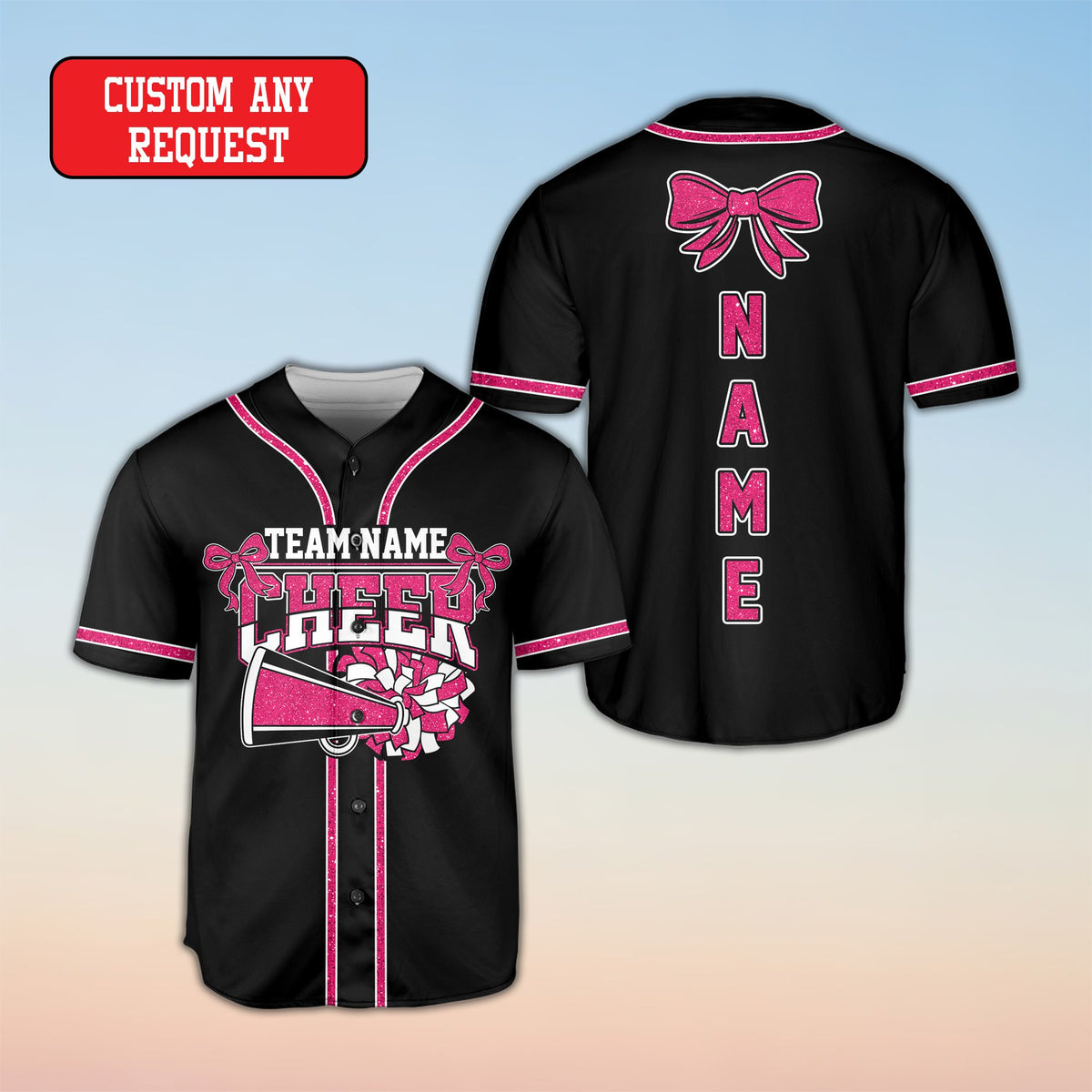 Front view of the custom baseball jersey with teal cheer graphics