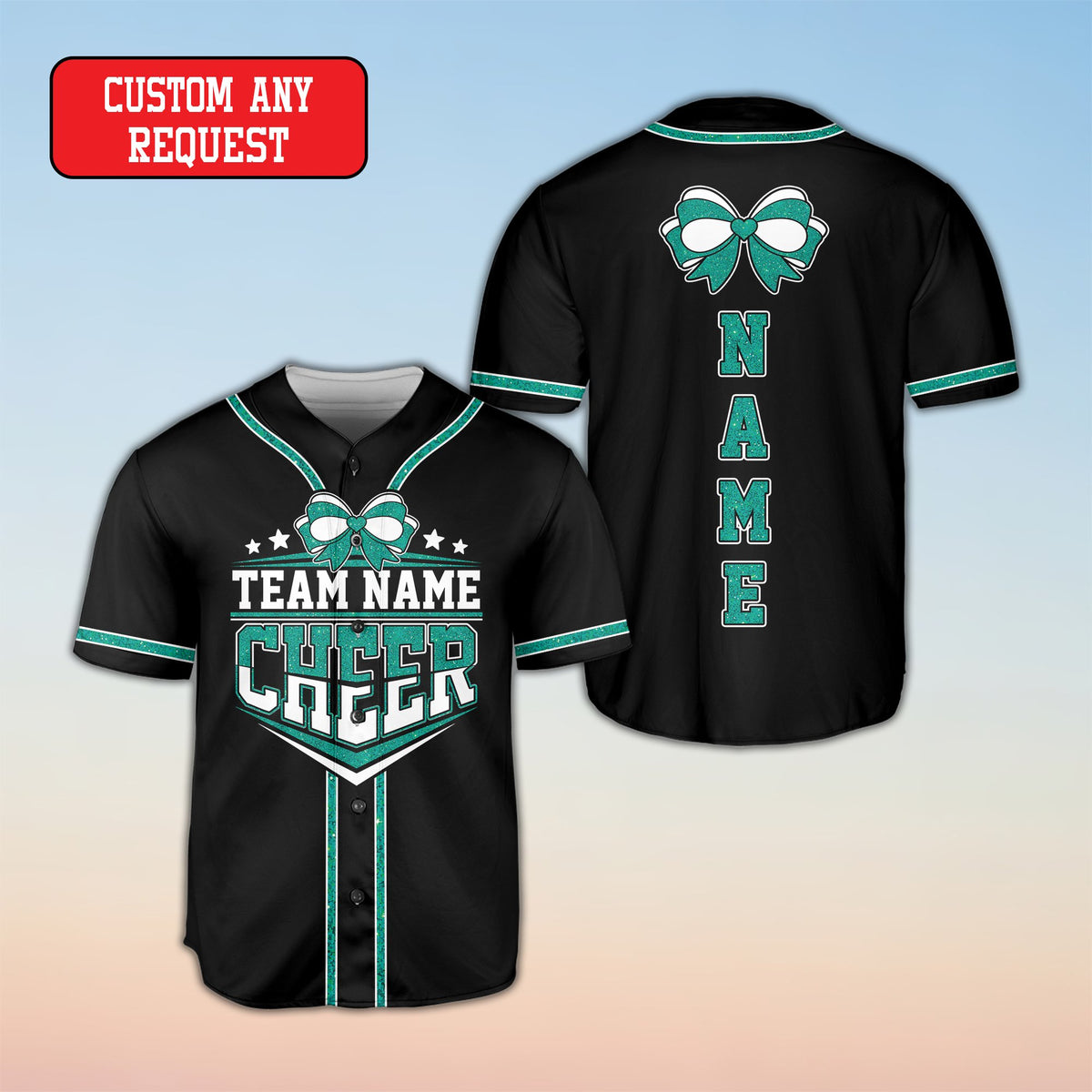 Black cheerleading baseball jersey with silver graphic accents, front view