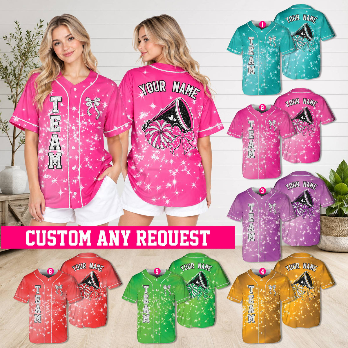 Lifestyle view of a person wearing a custom cheerleading baseball jersey
