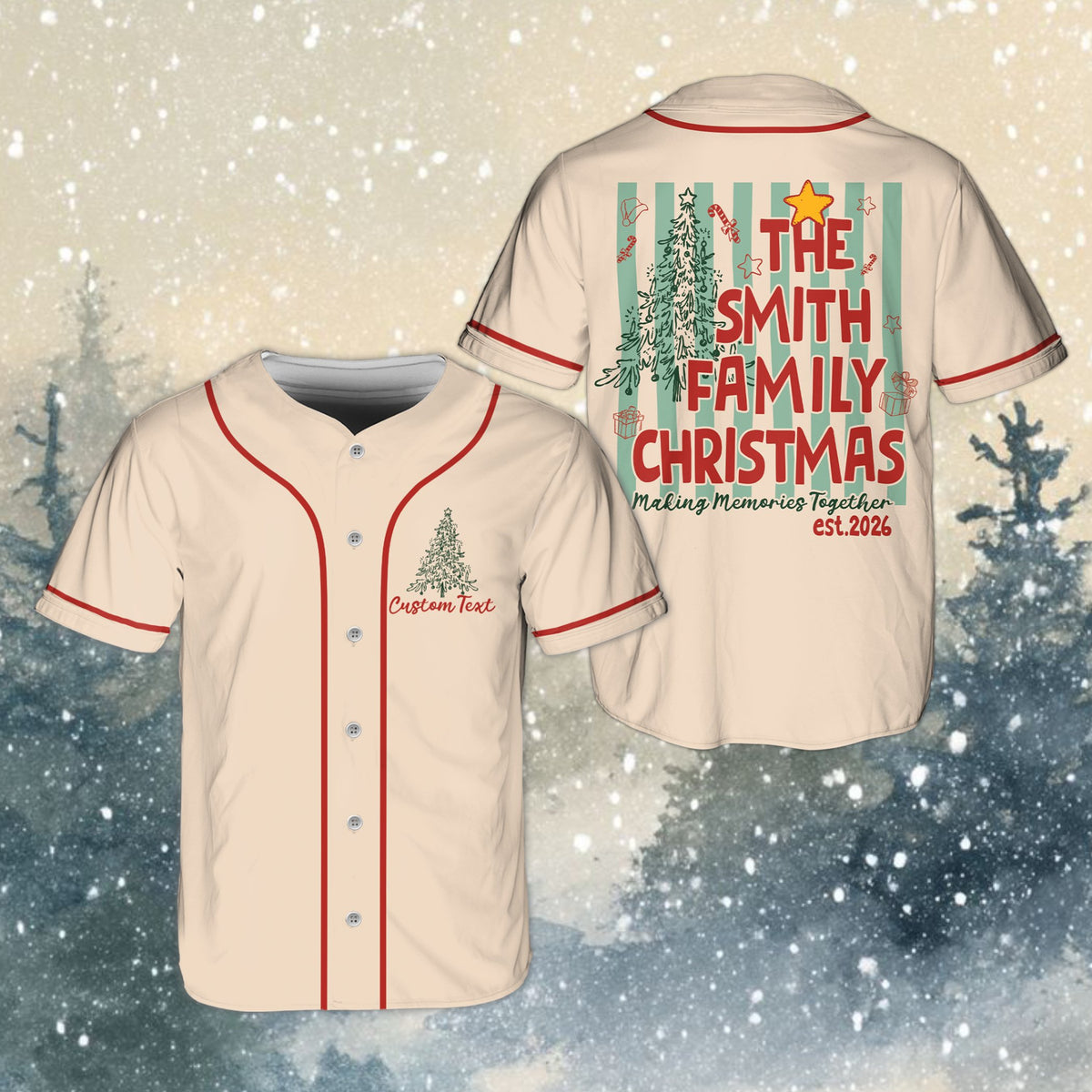 Lifestyle view highlighting the beige tones of the custom family christmas baseball jersey