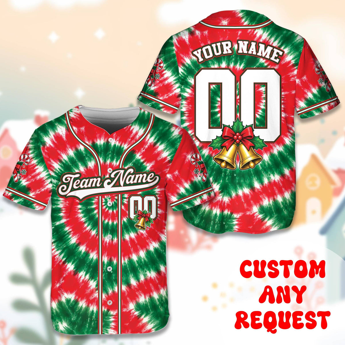 Additional detail view of the personalized baseball jersey highlighting the candy cane printed sleeves.