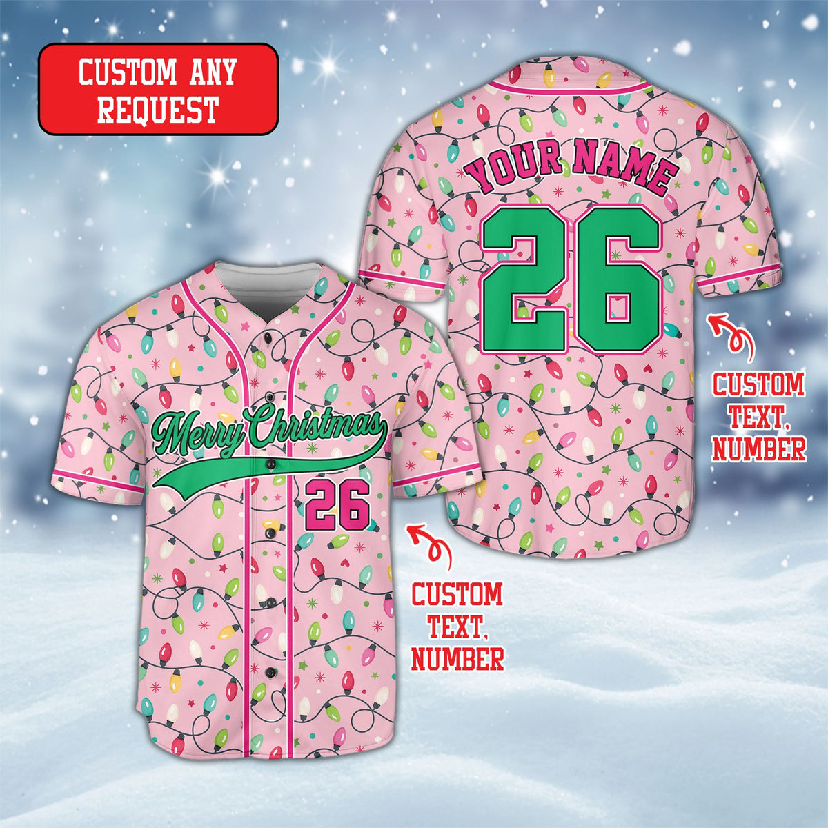 Front view of the festive pink baseball jersey showcasing the all-over holiday print