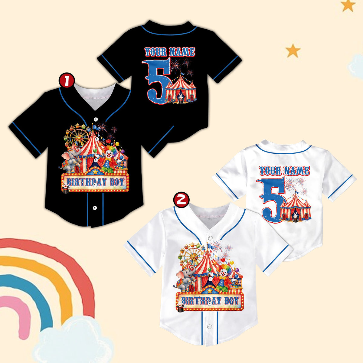 Close up of personalized baseball jersey circus theme details