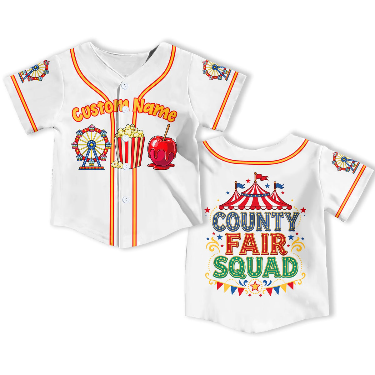 Front angle of the personalized county fair squad baseball jersey