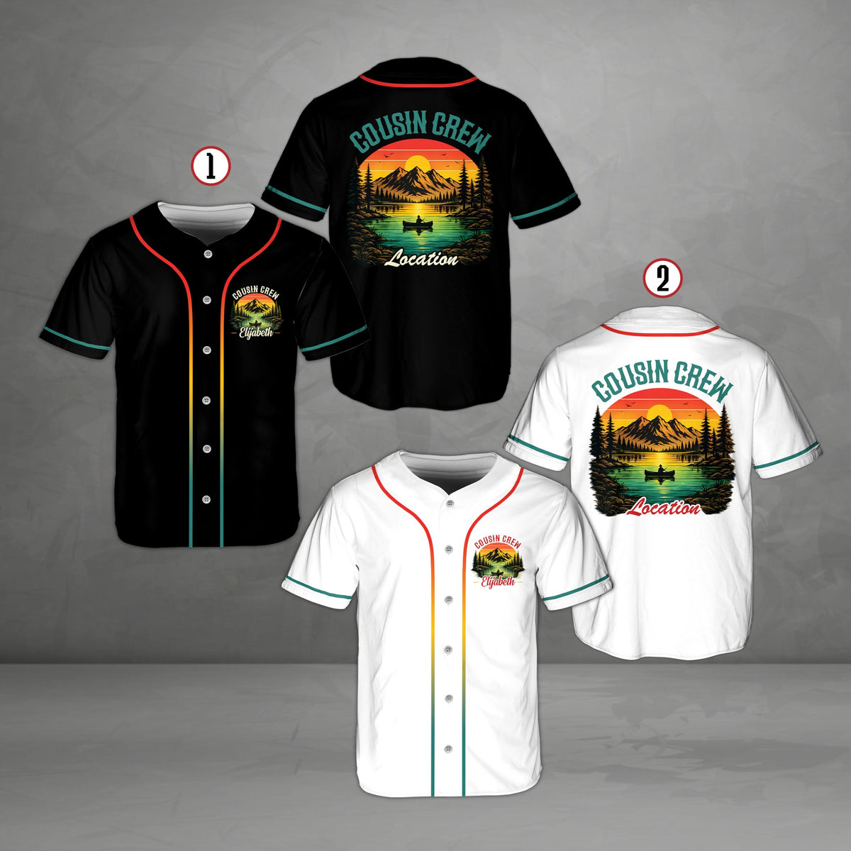 Personalized cousin crew outdoor baseball jersey with multicolor graphic, front view
