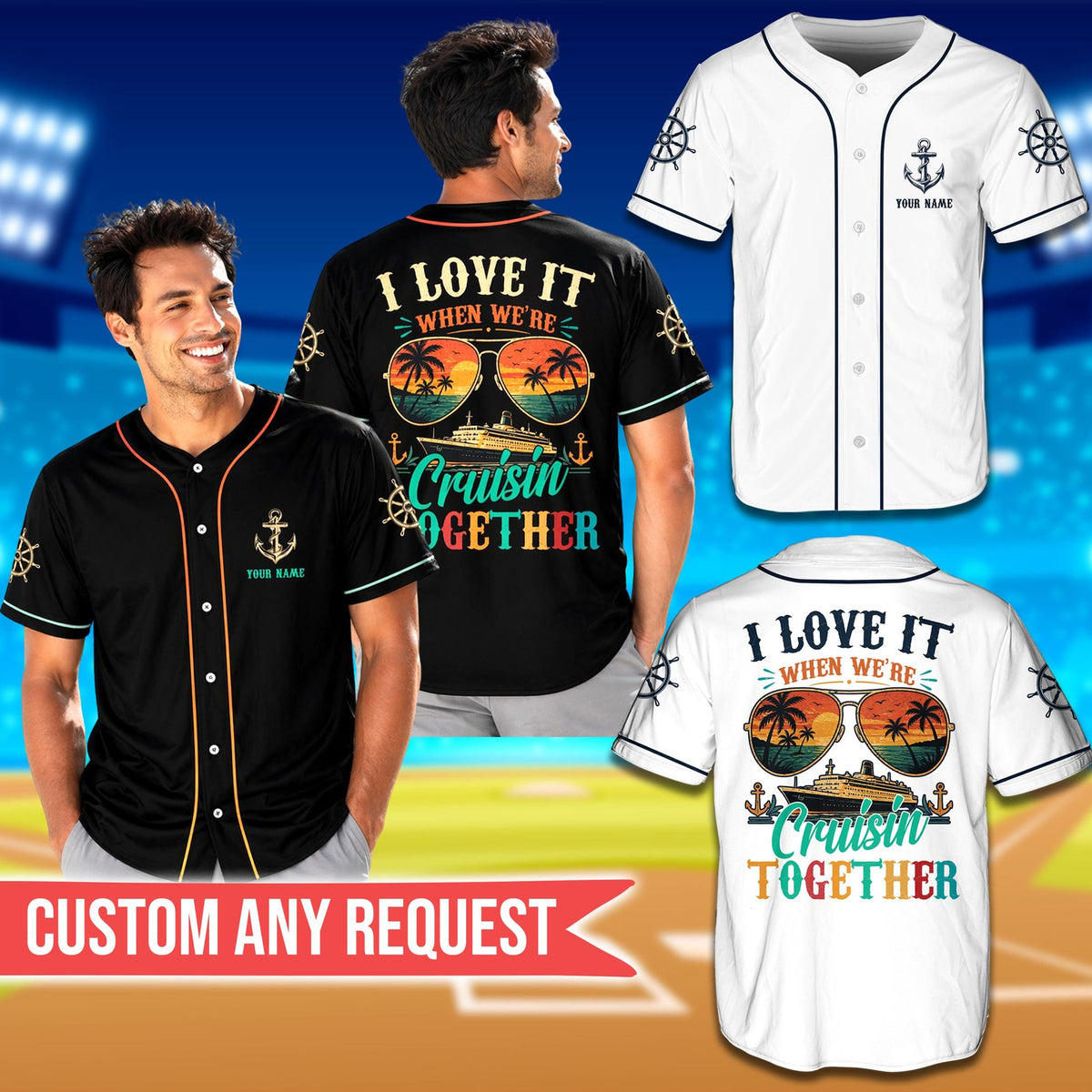 Lifestyle view of a person wearing a multicolor personalized cruise baseball jersey