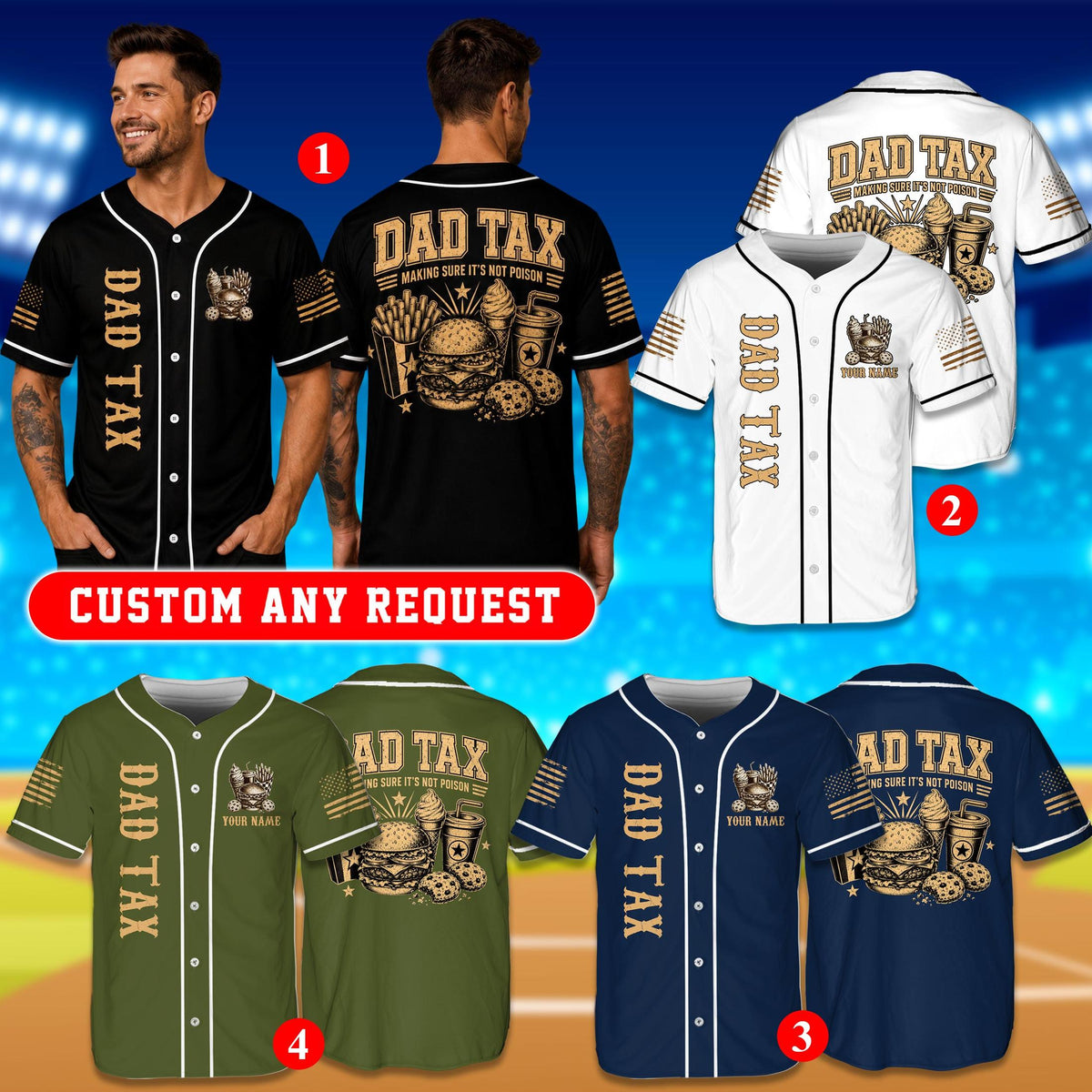Multicolor view of personalized baseball jerseys with Dad Tax design