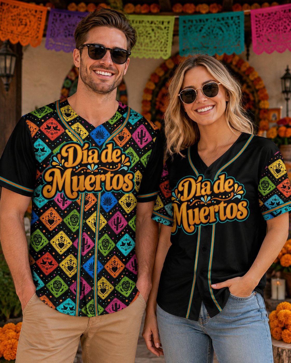 Lifestyle image of an adult wearing the personalized Dia de Muertos baseball jersey