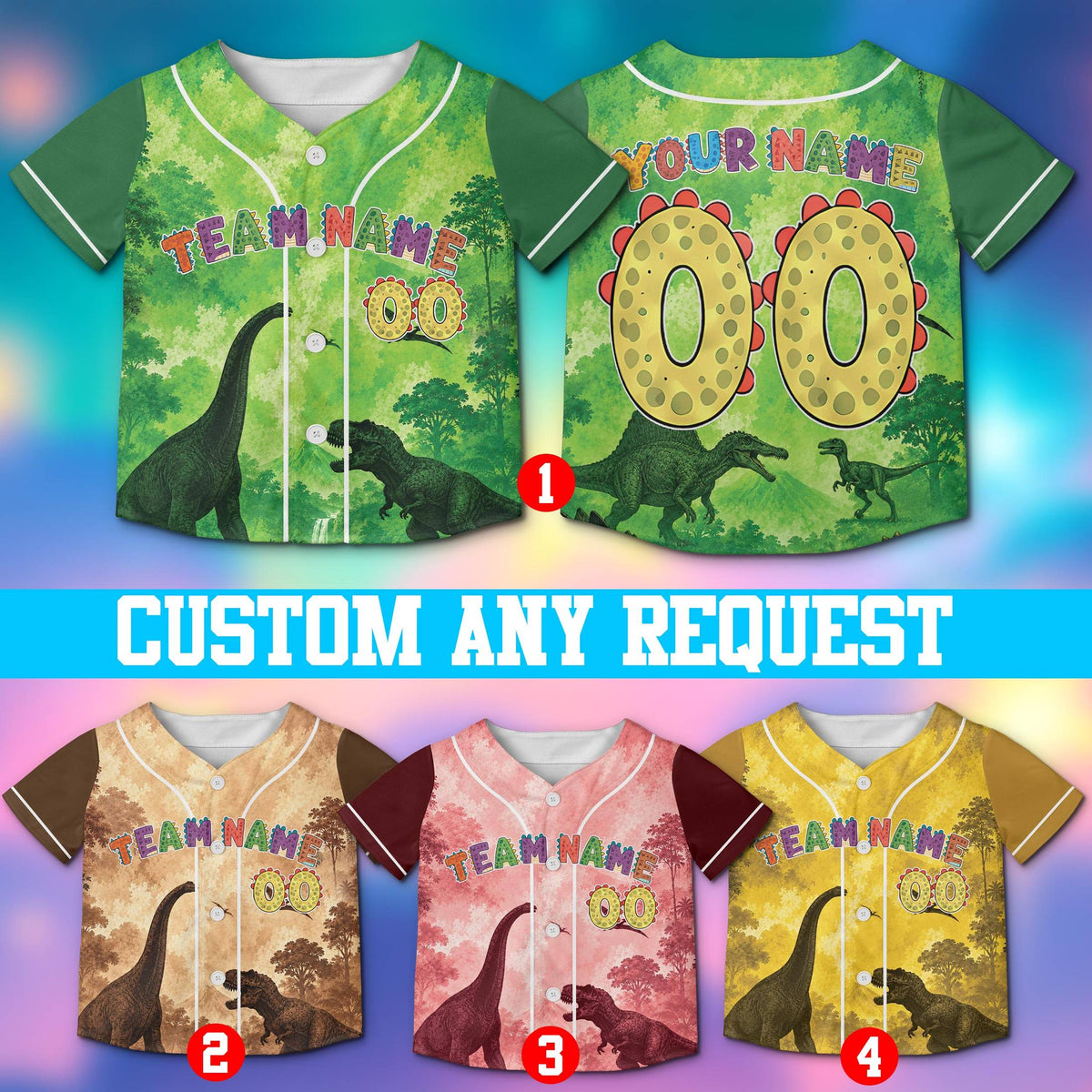 Front view of the multicolor dinosaur prehistoric landscape baseball jersey
