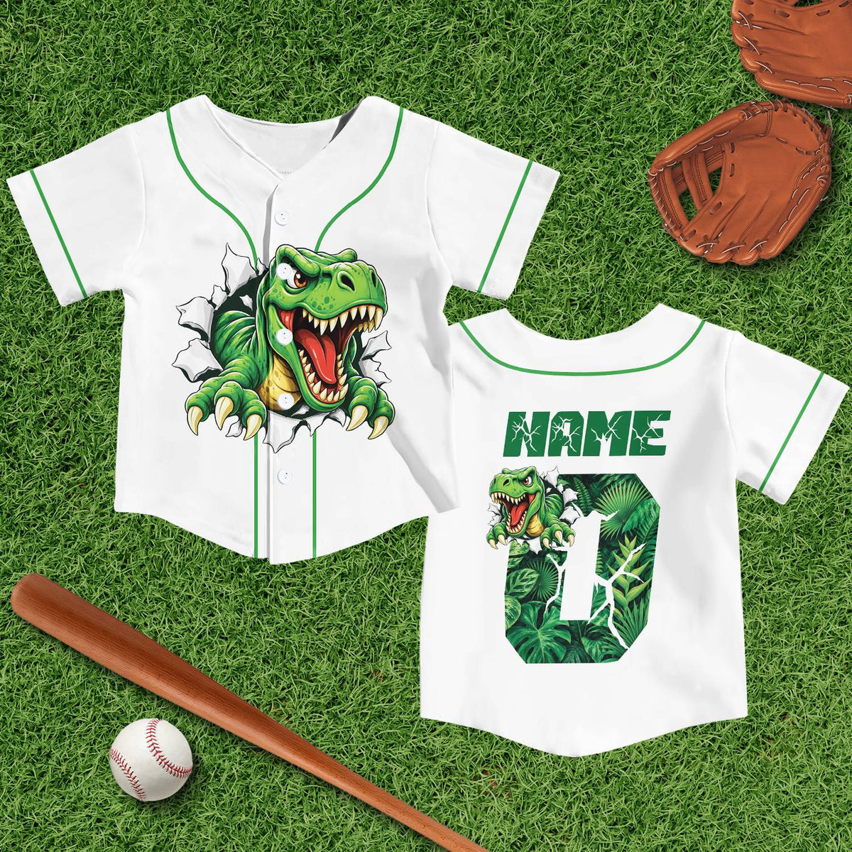 Lifestyle shot of an adult wearing the personalized white dinosaur baseball jersey