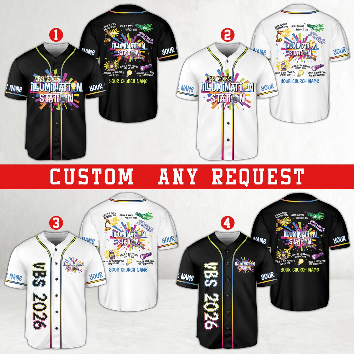 Front view of the personalized faith baseball jersey featuring colorful VBS elements
