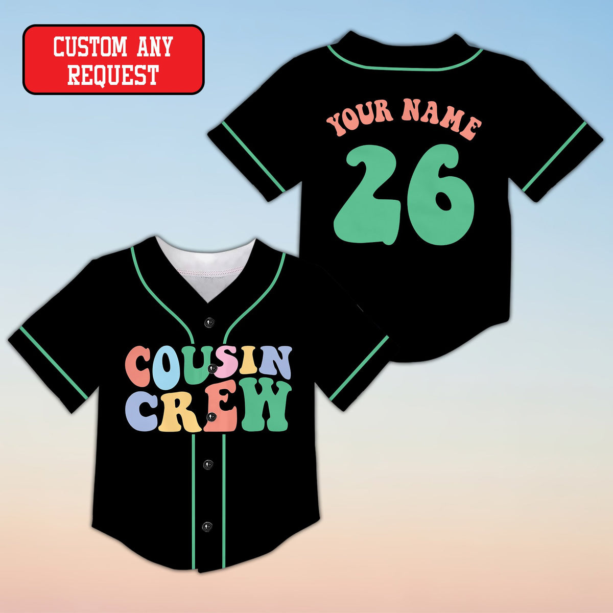 Black family baseball jersey with Cousin Crew retro font, front view