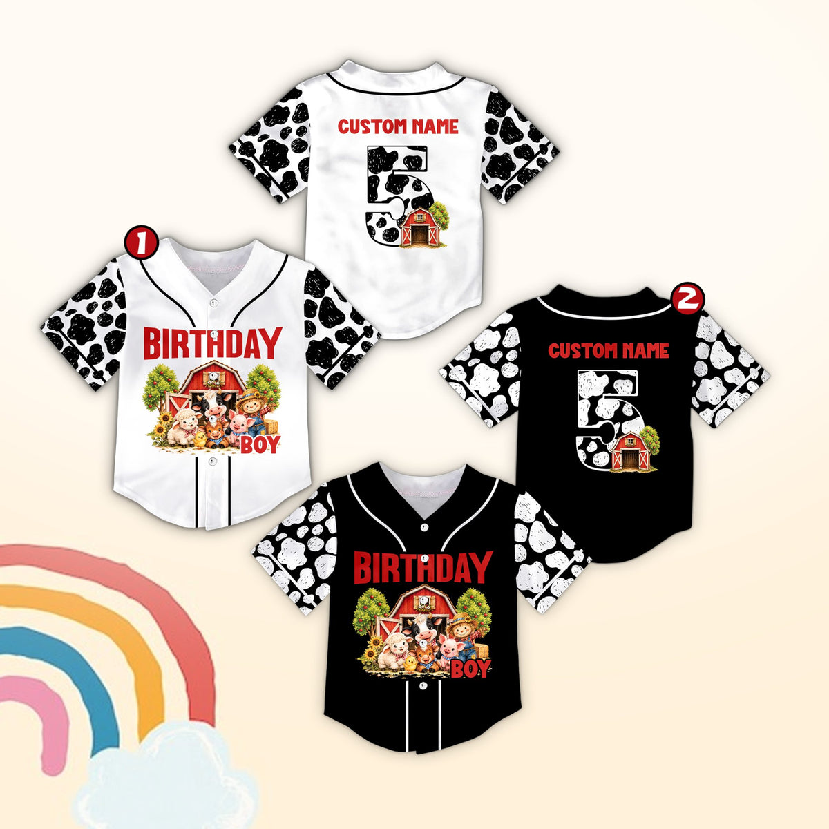 Multicolor personalized baseball jersey with farm birthday design showing birthday boy, front view