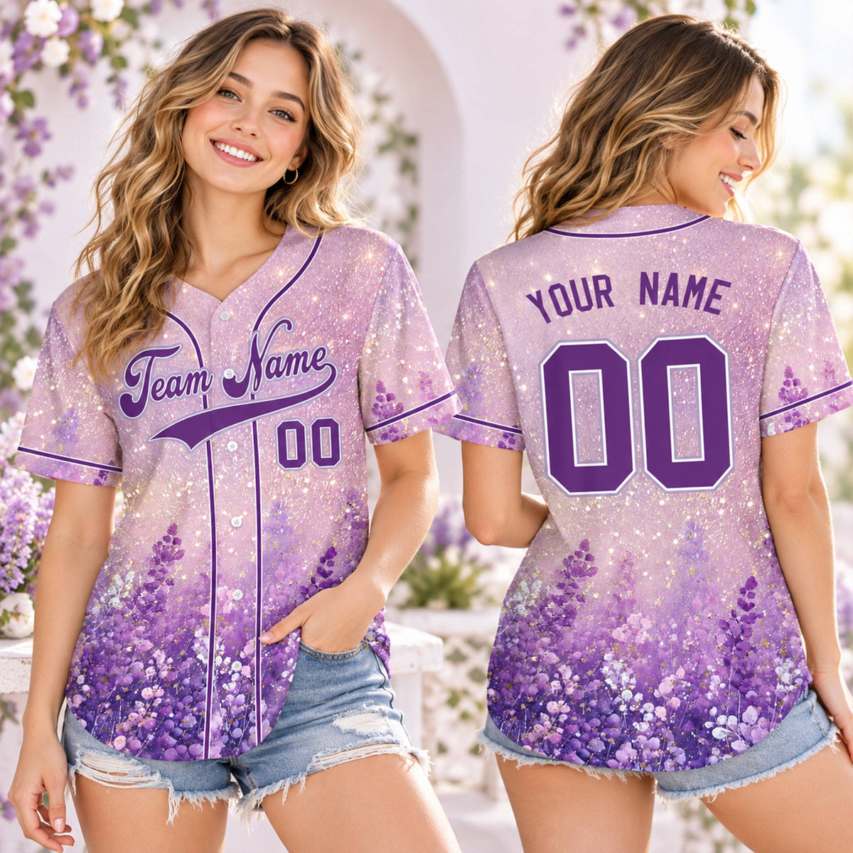 Lifestyle view of a person wearing the personalized baseball jersey with a purple floral design
