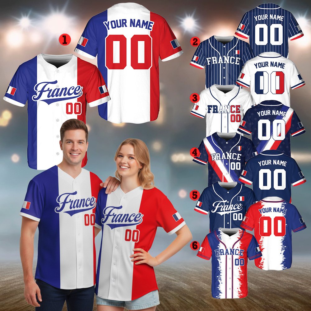 Detailed view of the multicolor France baseball jersey design