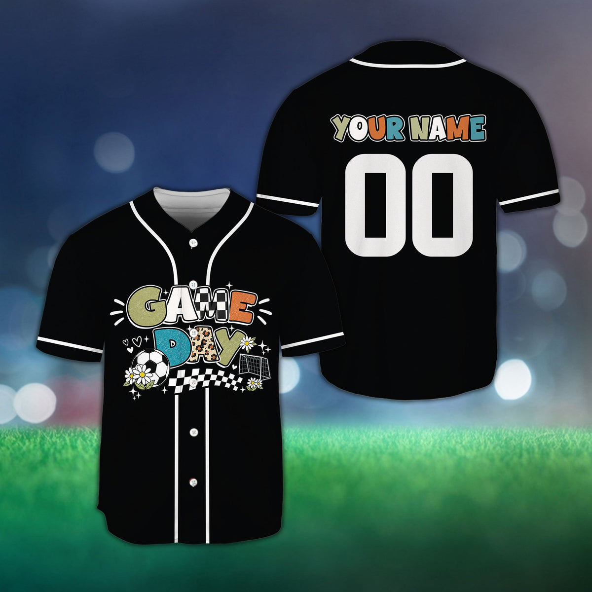 Black personalized game day soccer baseball jersey, front view