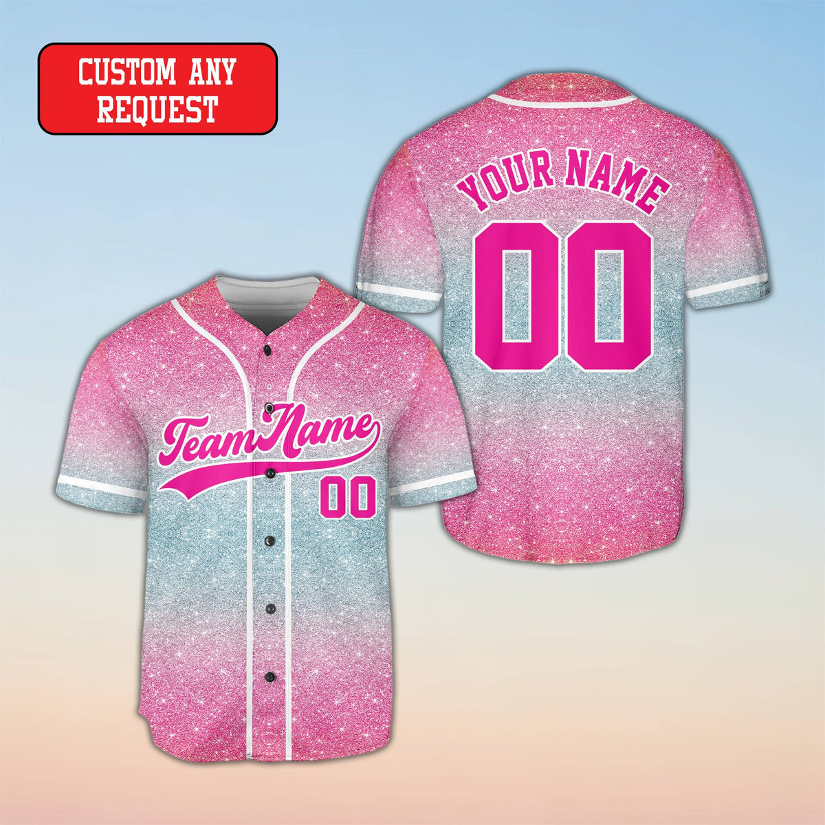 Flat lay view of the custom name baseball jersey front