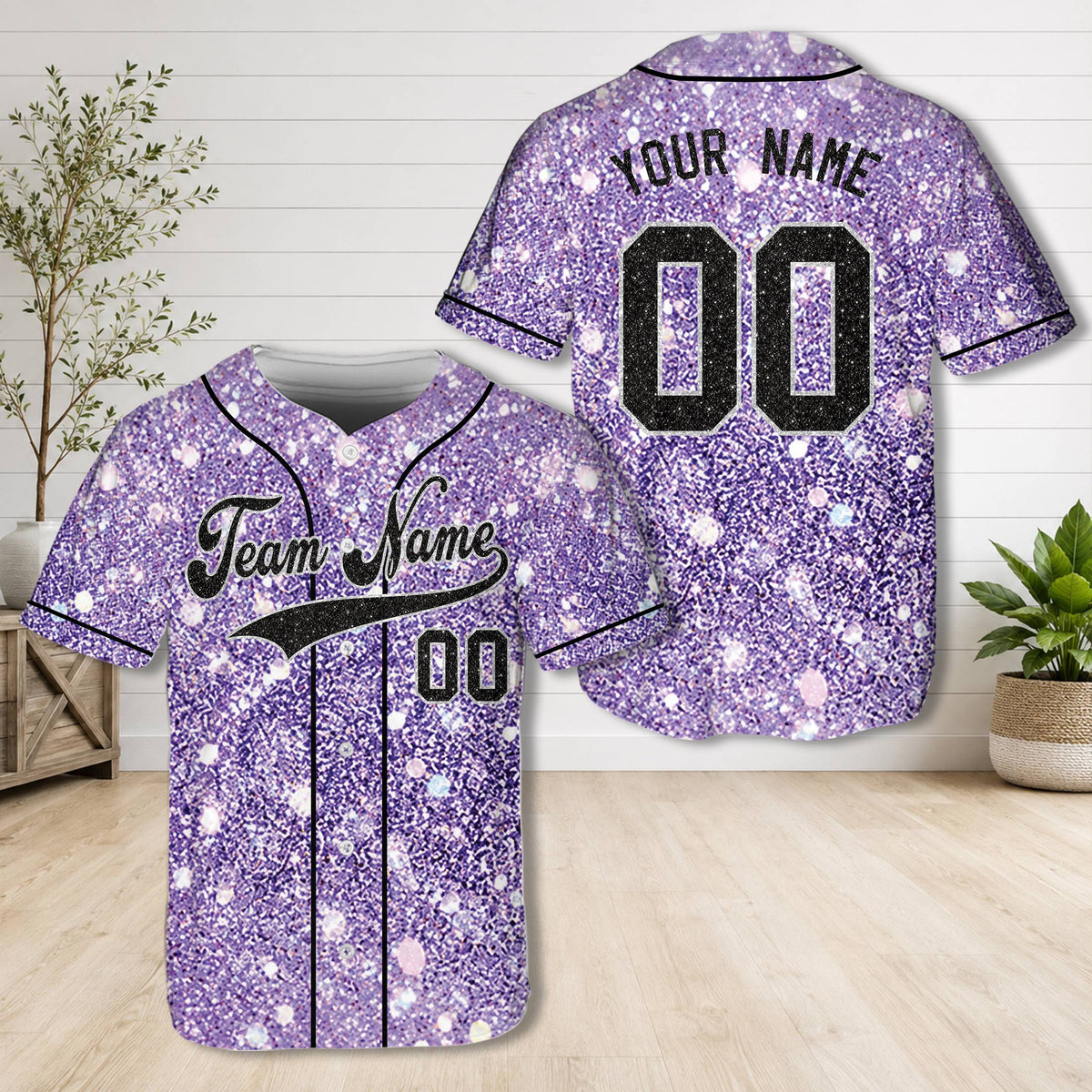 Front view of the purple abstract glitter baseball jersey