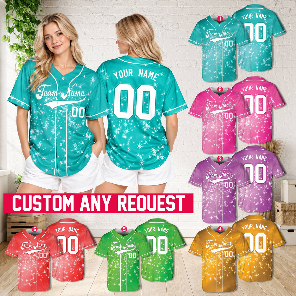 Lifestyle view of the personalized glitter sparkle baseball jersey in teal