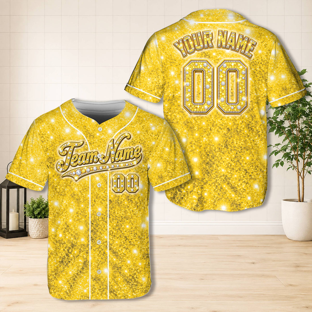 Yellow sparkle baseball jersey, back view showing custom name and number