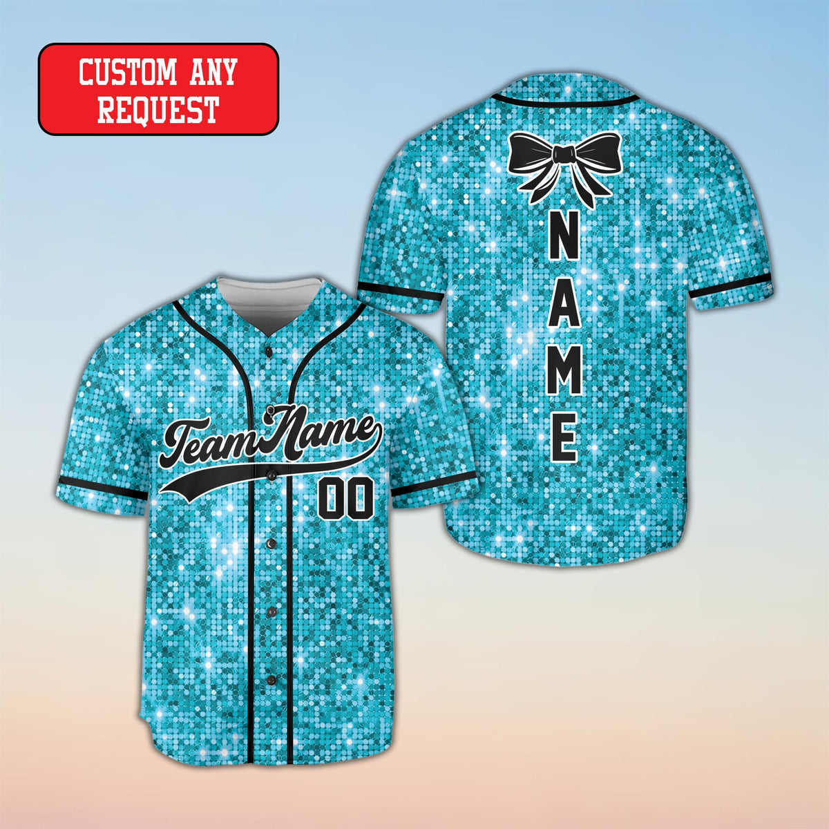 Faux glitter baseball jersey front view in teal