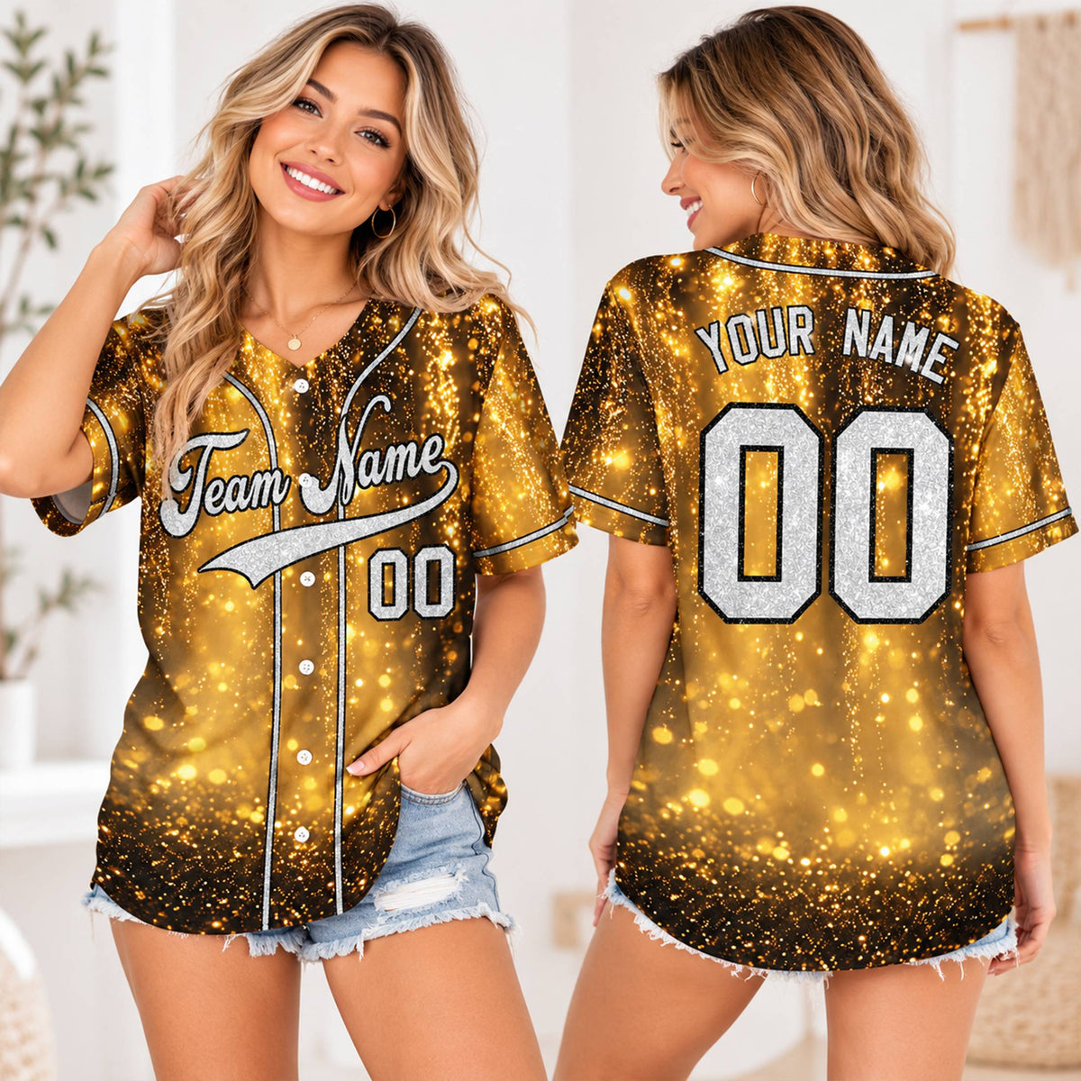 Lifestyle view of an adult wearing the custom gold glitter baseball jersey