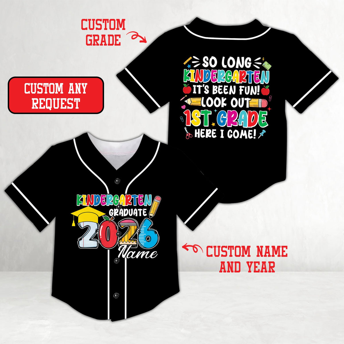 Personalized black graduation baseball jersey with custom name