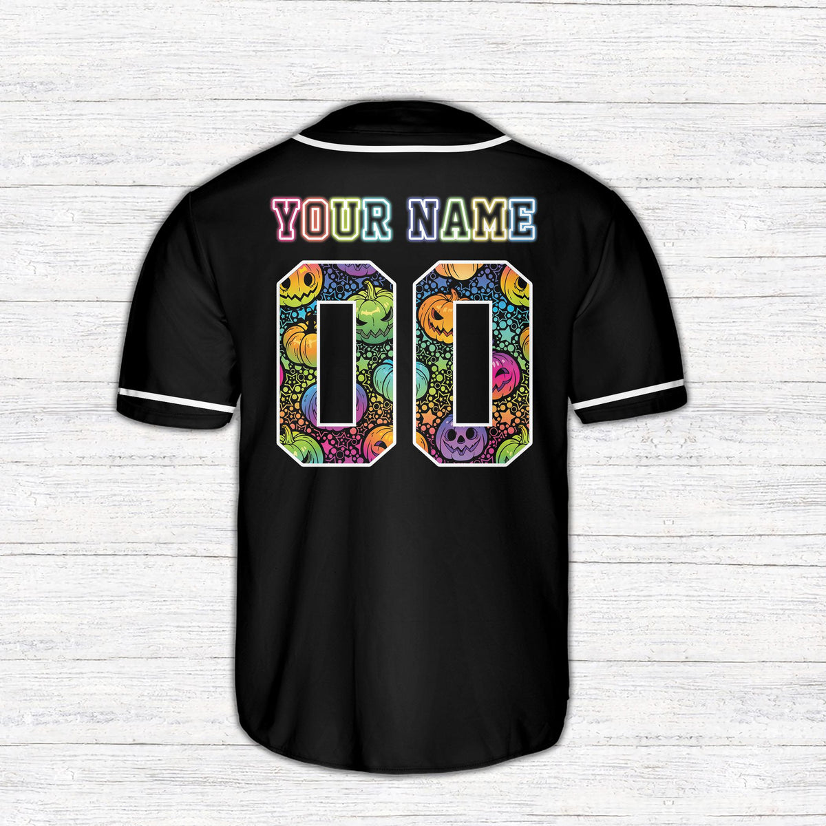 Back view of the personalized baseball jersey showing custom name and number with a pumpkin pattern