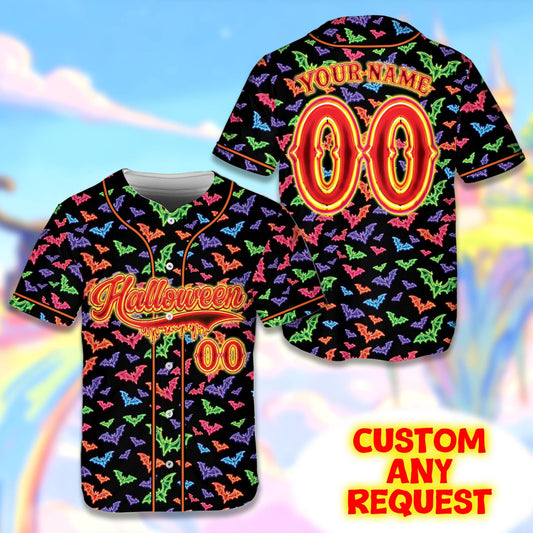 Front view of the black halloween baseball jersey featuring glowing neon script