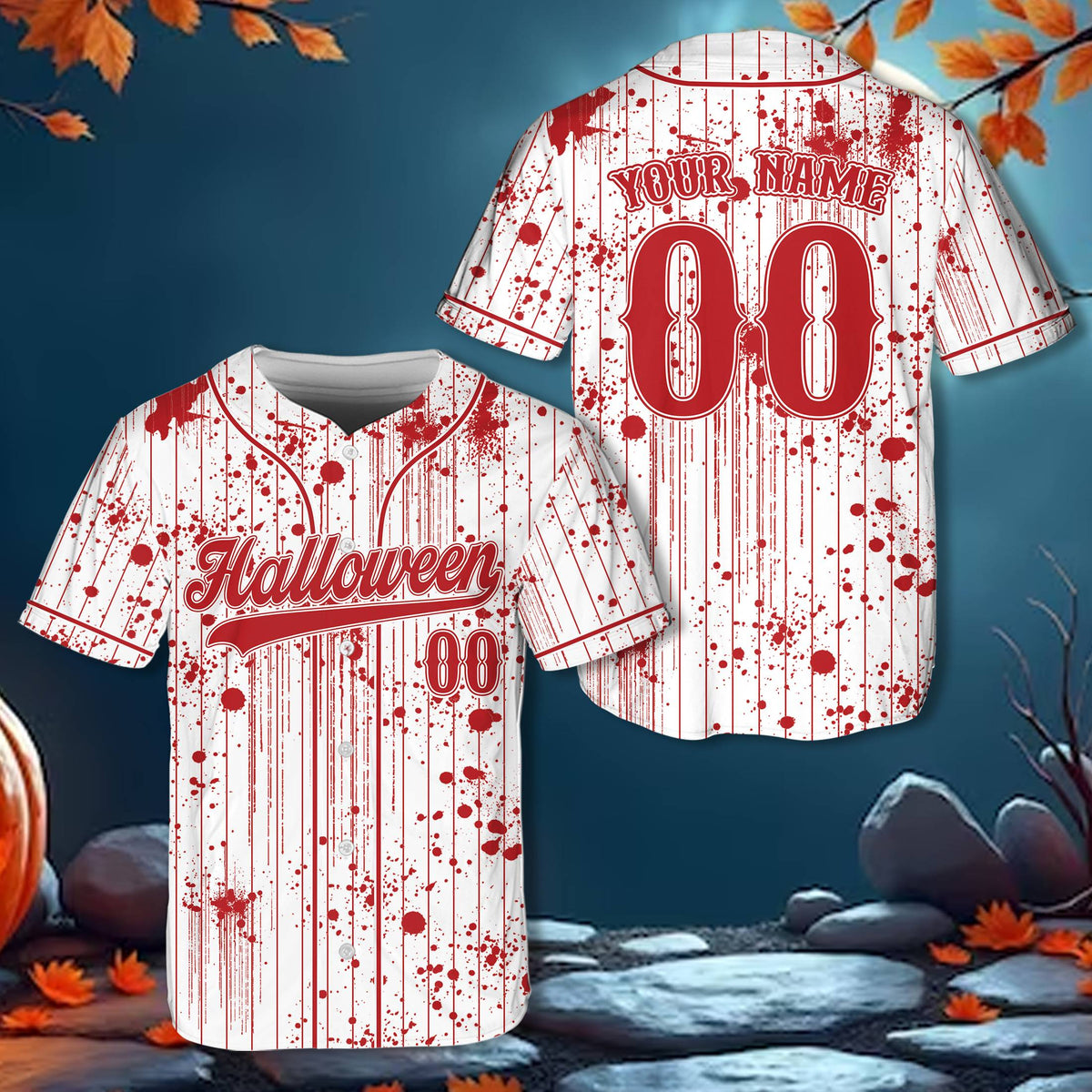 Front view of the custom white and red blood splatter baseball jersey