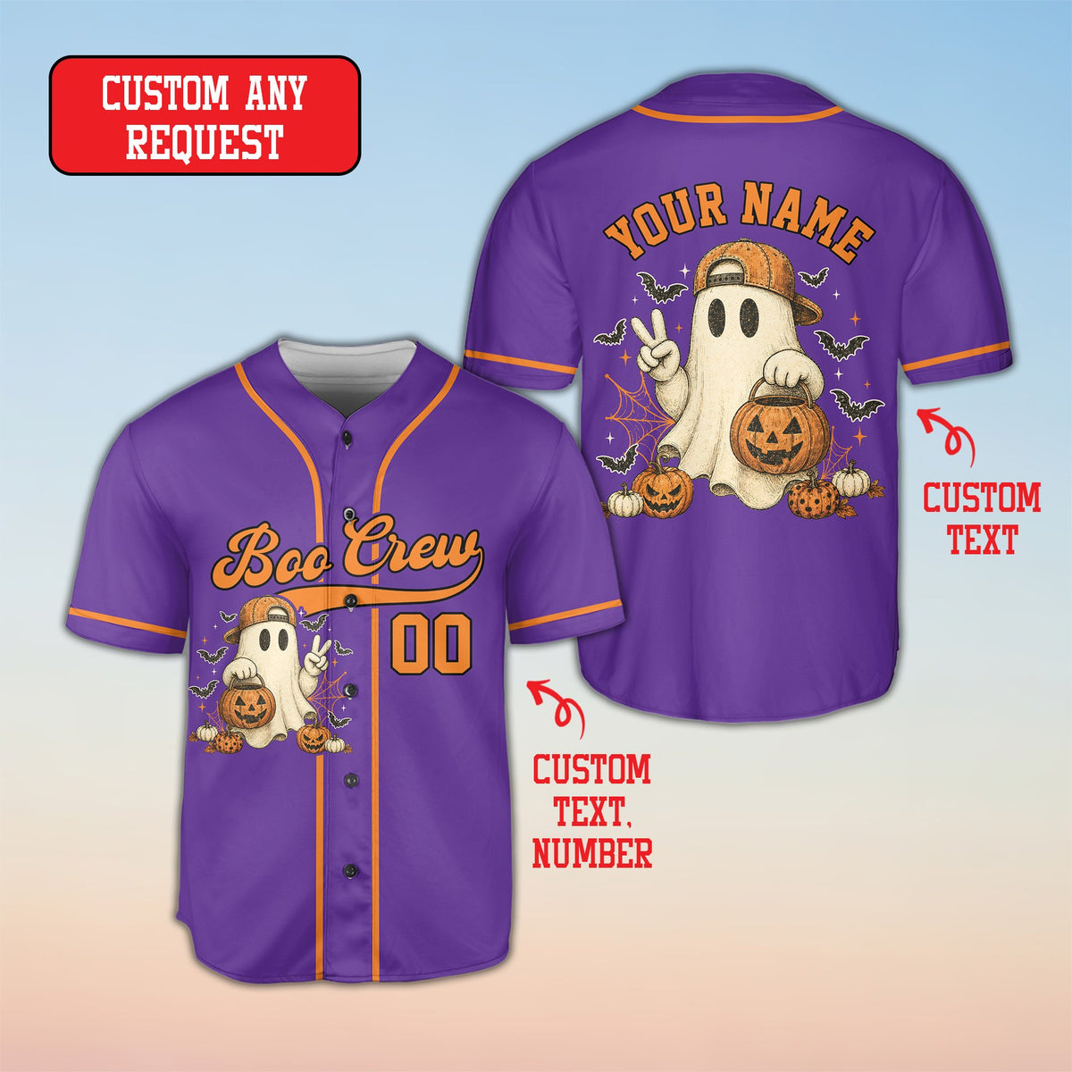 Alternate front view of the purple personalized halloween baseball jersey