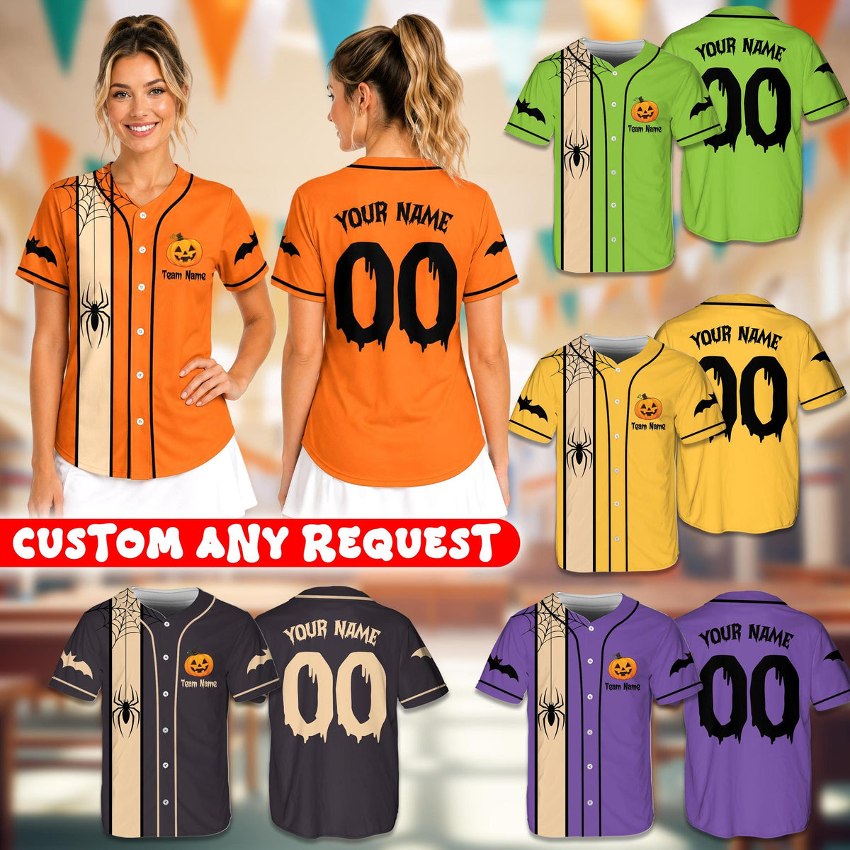 Display of multicolor personalized halloween baseball jerseys showing available color options