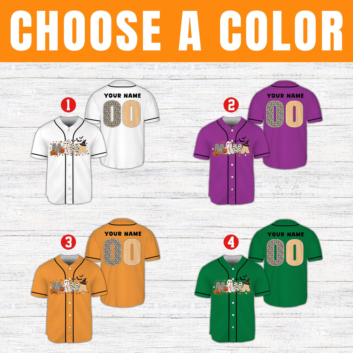 Multicolor layout showing various color options for the halloween baseball jersey