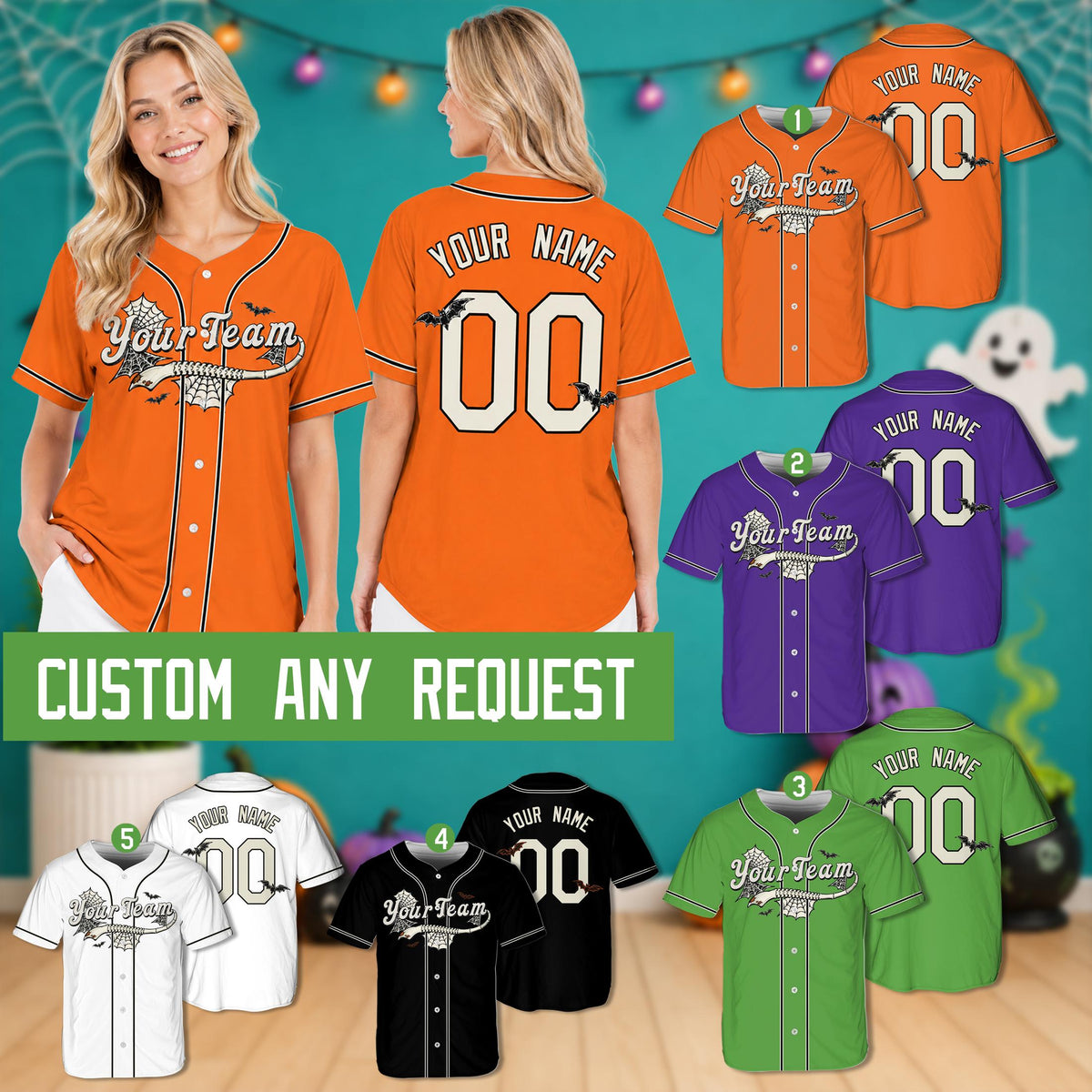 Multicolor Halloween baseball jersey showcasing custom name and number details