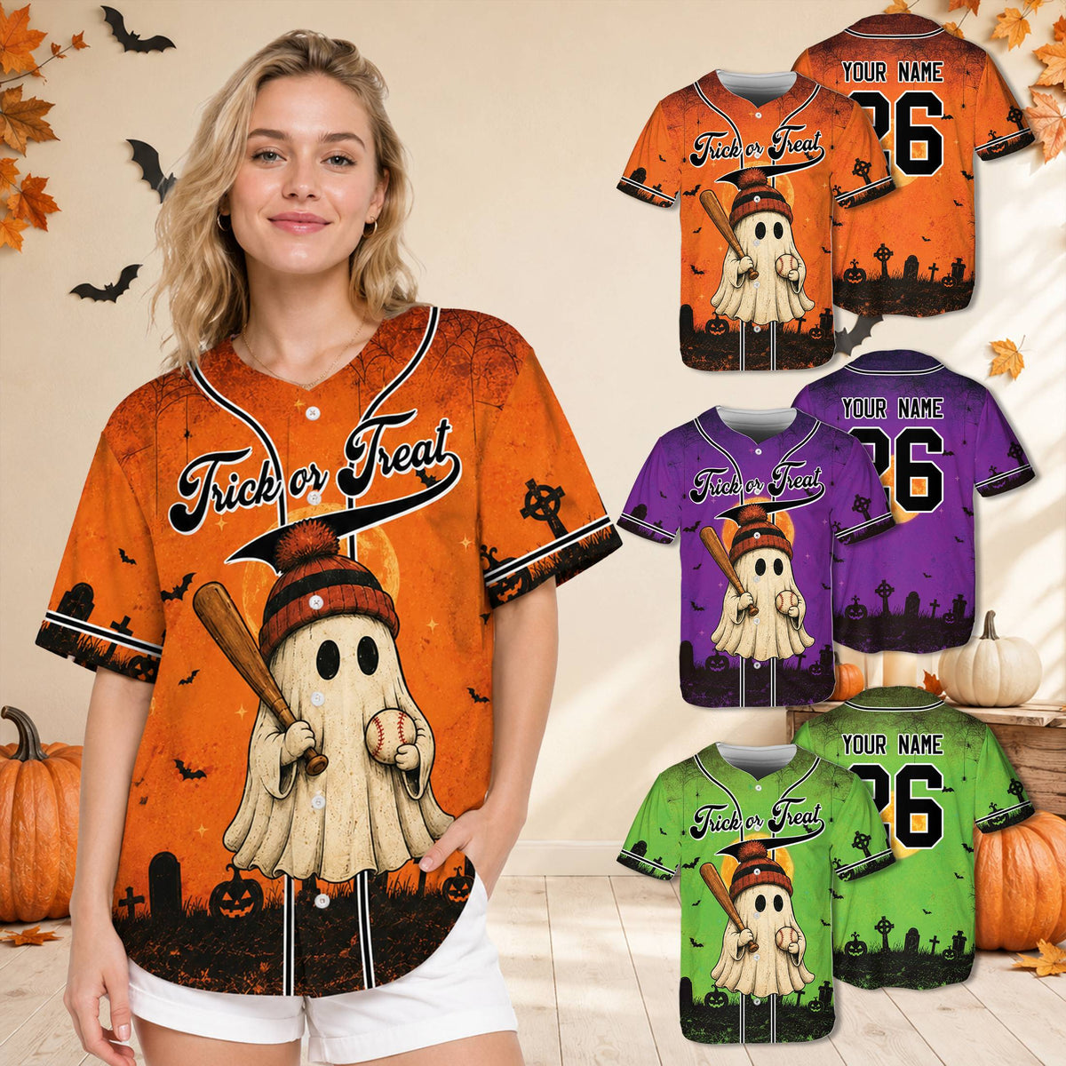 Back view of the Halloween baseball jersey showing the personalized name and number