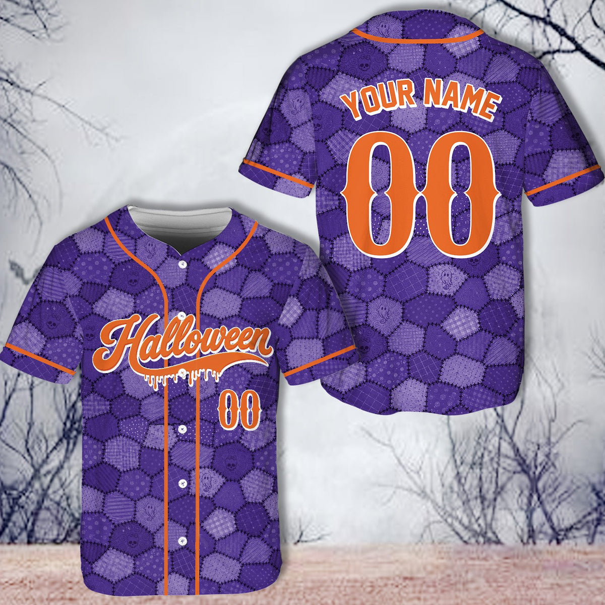Personalized purple halloween baseball jersey, front view close up