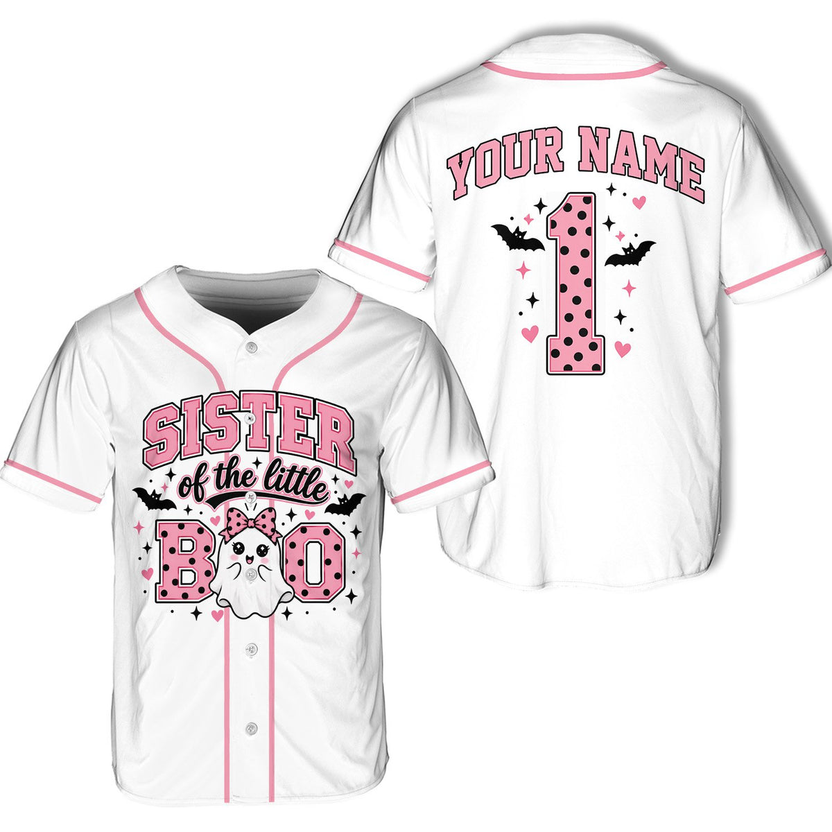 Personalized little boo halloween baseball jersey, front view