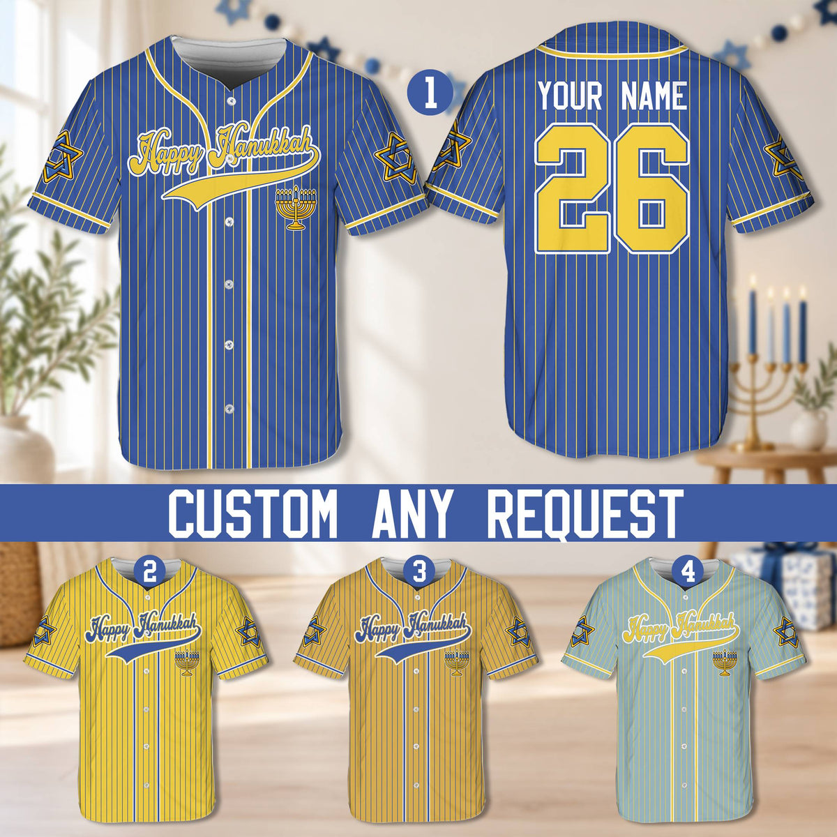 Multicolor view showing various personalized hanukkah baseball jerseys