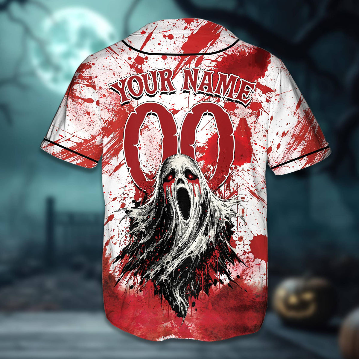Back view of the personalized horror baseball jersey showing custom name, number, and a large screaming mask graphic
