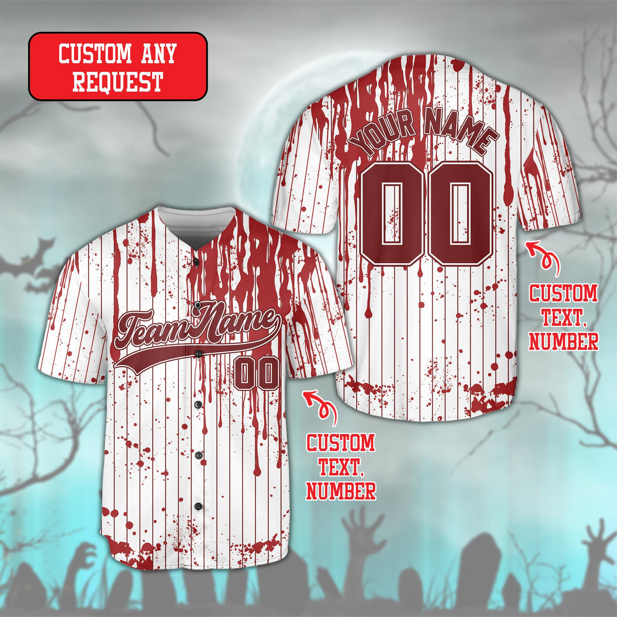 Overall front presentation of the custom name and number baseball jersey