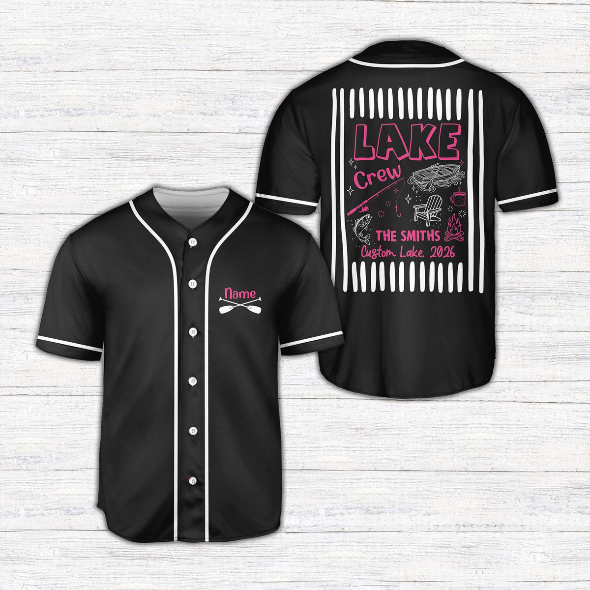 Personalized lake baseball jersey in black with custom text, front view