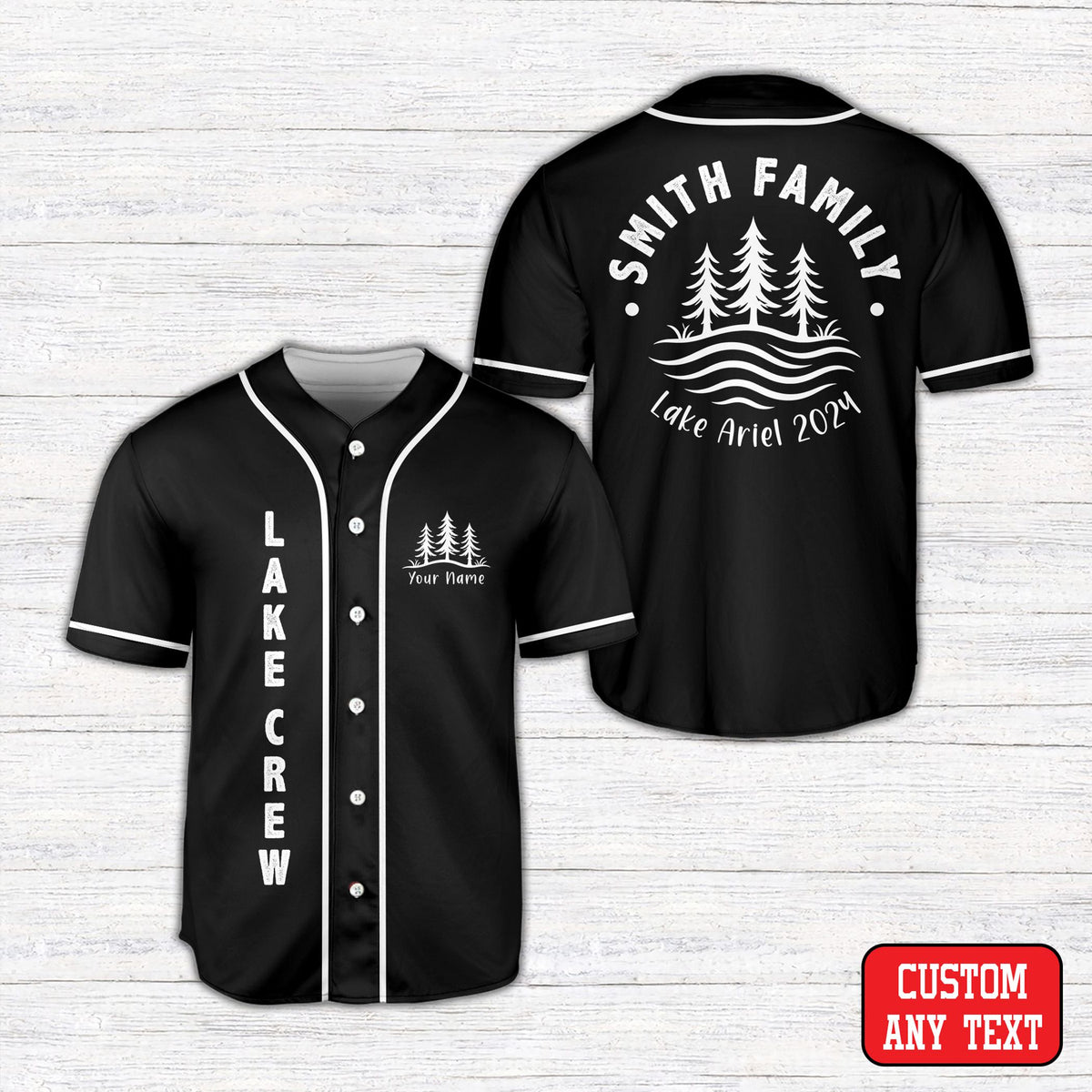 Personalized black lake family vacation baseball jersey front view