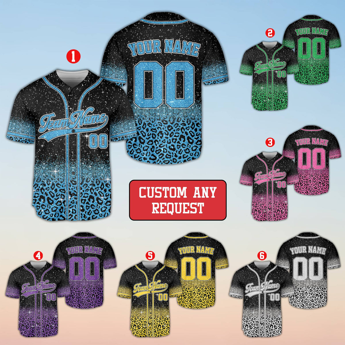 Multicolor view of the leopard print baseball jersey design