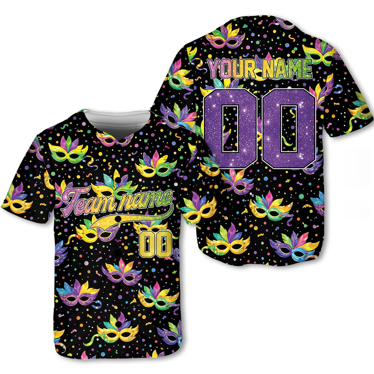 Front detail of black mardi gras baseball jersey