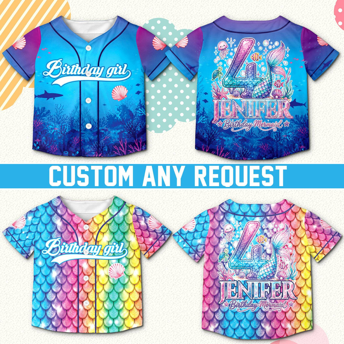 Alternate view of the multicolor mermaid birthday baseball jersey showing the colorful design